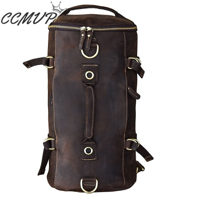 CCMVP品牌自营质量保证-CCMVP男士双肩包牛皮斜挎手提疯马皮小旅行背包桶包复古深咖