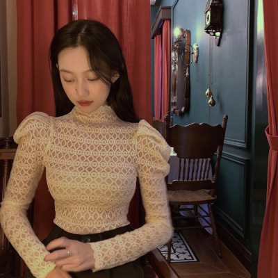 暖青汇米色蕾丝紧身上衣仙气泡泡袖韩版洋气半高领网纱打底衫女秋冬内搭蕾丝衫