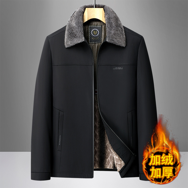 新款男士休闲毛领棉衣秋冬翻领外套中老年爸爸装加绒加厚棉服