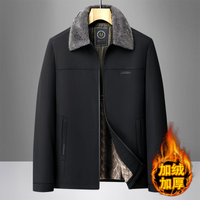 新款男士休闲毛领棉衣秋冬翻领外套中老年爸爸装加绒加厚棉服