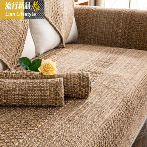 咖色秋冬棉麻实木沙发垫中式国风红木防滑亚麻沙发坐垫巾套罩加厚 三维工匠