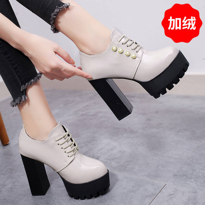 秋季漆皮单鞋女粗跟高跟鞋2018新款韩版防水台系带女鞋厚底秋鞋潮灰色(加绒)