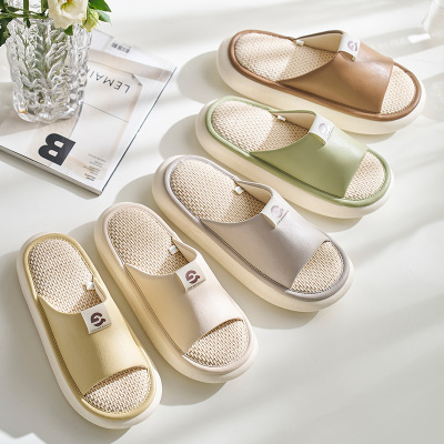 办公室pu皮高级感亚麻拖鞋女夏厚底居家用室内防滑防臭男四季