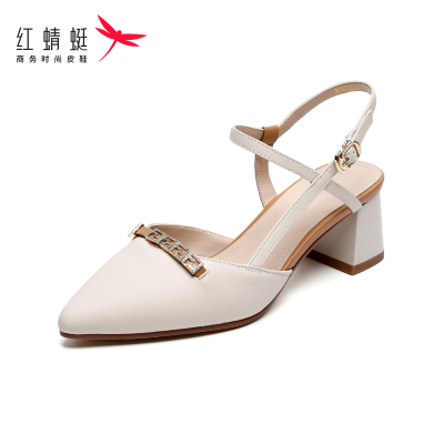 红蜻蜓凉鞋女2021夏季新款仙女风百搭中跟单鞋羊皮尖头性感一字带包头凉鞋女粗跟女鞋