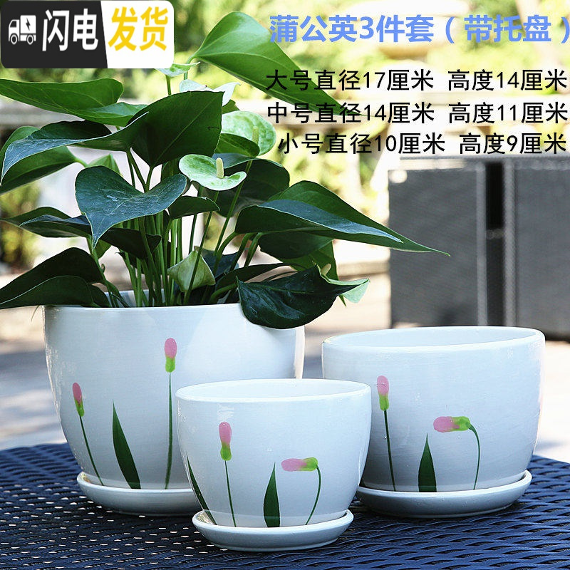 三维工匠花盆陶瓷大号带托盘家用绿萝吊篮盆简约大口径多肉植物盆 蒲公英3件 中等花盆容器