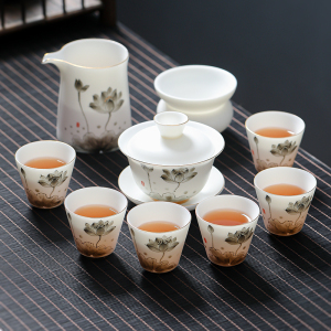 MULTIPOTENT整套茶具羊脂玉手绘中国白茶具套装10头墨彩荷花盖碗礼盒套装