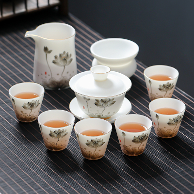 MULTIPOTENT整套茶具羊脂玉手绘中国白茶具套装10头墨彩荷花盖碗礼盒套装