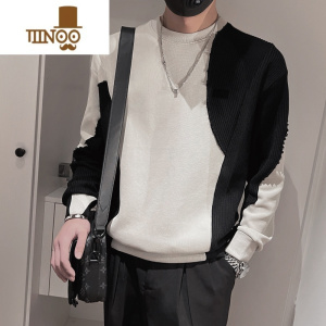 YANXU男士长袖t恤潮牌2023新款拼接修身秋装上衣痞帅薄款卫衣男