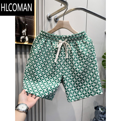 HLCOMAN轻奢潮牌千鸟格短裤男宽松四分沙滩裤复古休闲裤男士夏季运动短裤