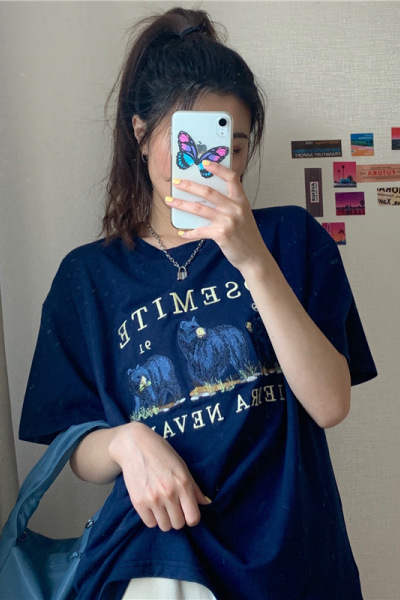 夏季韩版短袖T恤女中长款打底衫女卡通学生宽松上衣女装