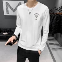 SUNTEK秋季韩版修身印花上衣男士长袖t恤白色潮男修身v领男青年打底衫男T恤