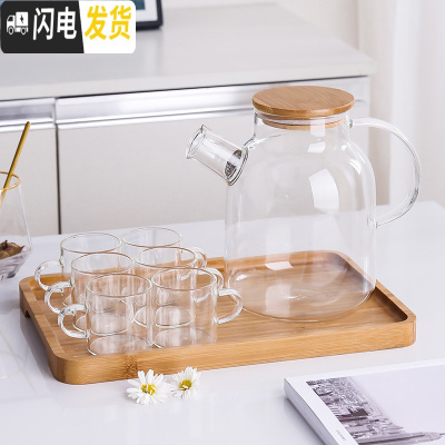 三维工匠北欧冷水壶家用装水玻璃凉水壶防爆花茶果汁壶透明茶具杯子套装 花茶壶大号+6杯子+木托盘[可明火加热]