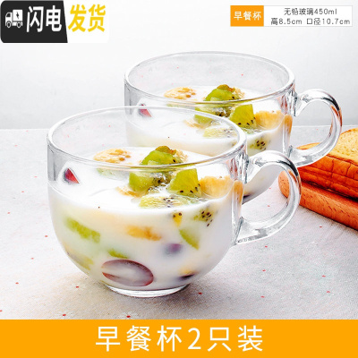 三维工匠透明大号燕麦早餐杯牛奶咖啡玻璃杯子家用带盖勺大肚水杯大口带把 牛奶杯2个装咖啡器具