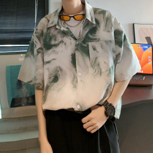 短袖衬衫男士日系ins港风扎染衬衣夏季新款宽松休闲痞帅复古外套