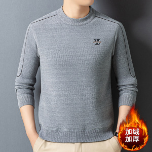 重磅绣花雪貂绒毛衣男秋冬季新款圆领加绒加厚保暖男士针织衫