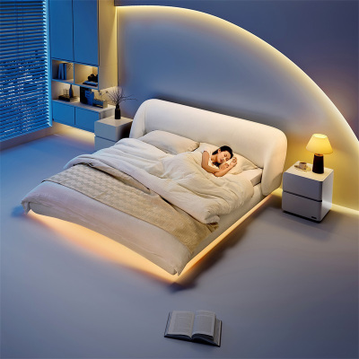 全友家居设计师款时尚简约圈圈纱布艺床奶油风霍格灯带悬浮床布床