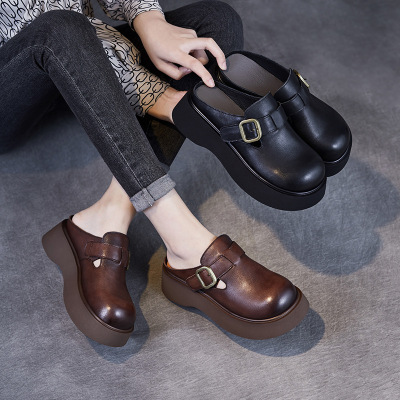 头层牛皮英伦风勃肯半拖春新外穿松糕厚底女包头拖鞋