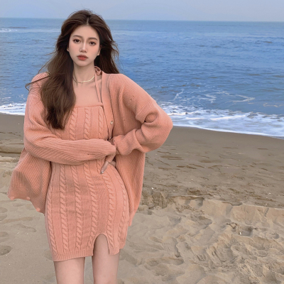 广赫法式吊带针织连衣裙女秋冬新款性感修身打底包臀毛衣短裙开衫套装套装