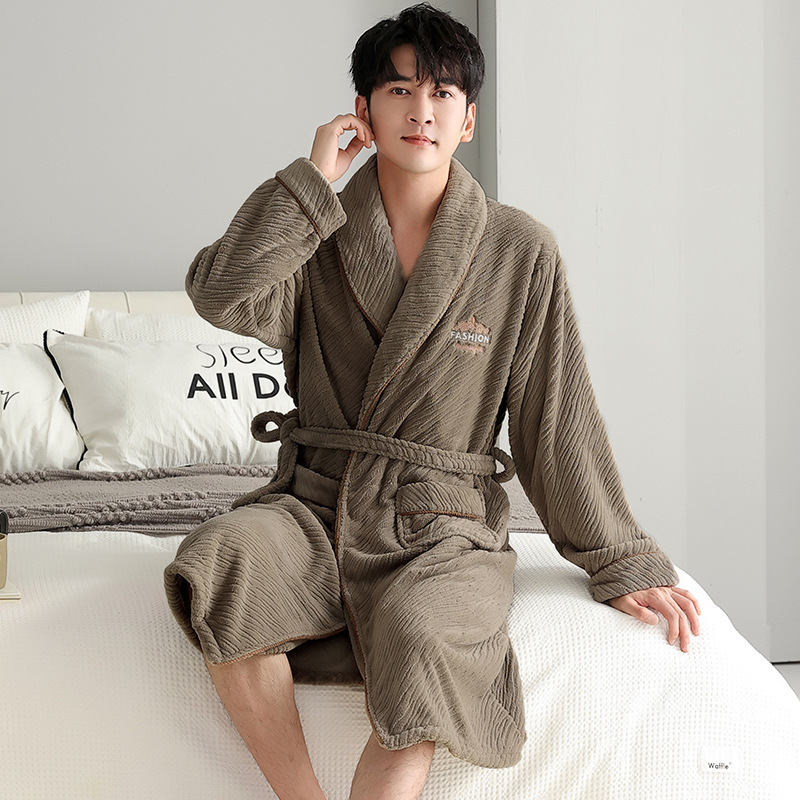 秋冬季法兰绒睡衣男加厚睡袍长款大码男士珊瑚绒长袖家居服浴袍冬