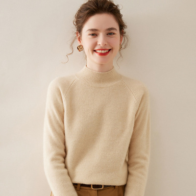 半高领插肩袖山羊绒针织打底衫女长袖百搭宽松保暖上衣内搭毛衣