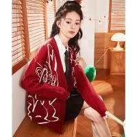 [1.5折价80元]唐狮新款V领红色毛衣女秋冬日系慵懒开衫外套宽松百搭毛衣xz
