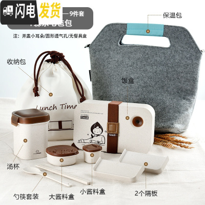 三维工匠稻谷纤维日式饭盒可微波分格便当盒学生便当餐盒上班寿司盒 漂流瓶便9件套-森系毛毡包