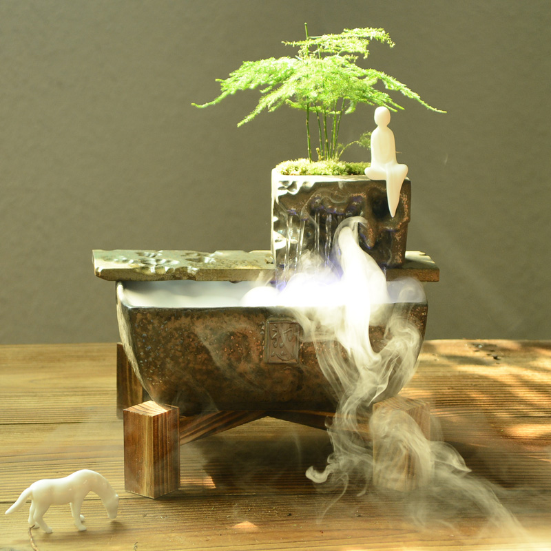 喷雾流水加湿禅意摆件桌面水循环盆景陶瓷假山造景微景观茶室装饰