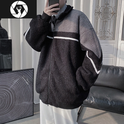 HongZun羔毛撞色拼接加厚棉袄中学生冬装外套男港风潮牌情侣款棉服黑色棉衣