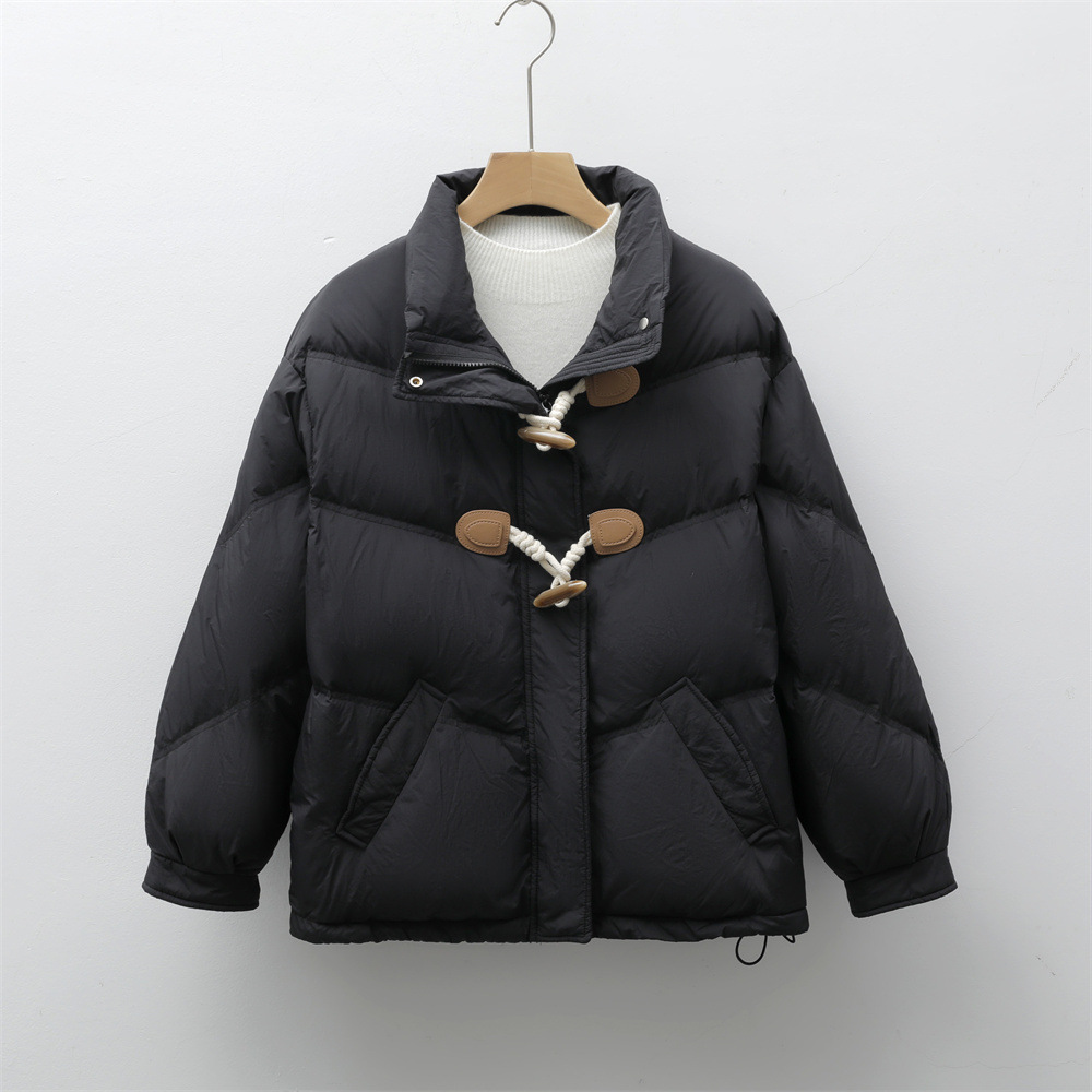 新款短款宽松灯芯绒面包服外套立领牛角扣羽绒服女_55