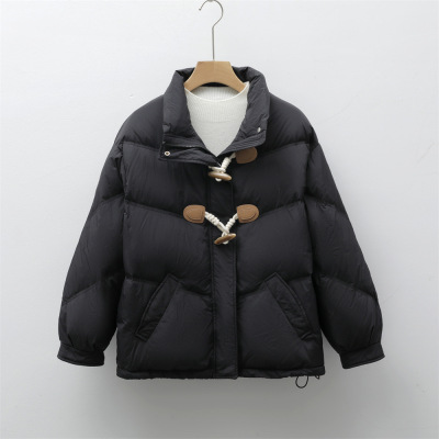 新款短款宽松灯芯绒面包服外套立领牛角扣羽绒服女_55