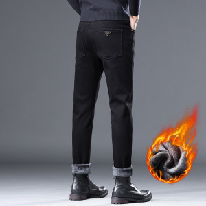 春秋新款加绒品质牛仔裤男抗皱易打理修身小直筒裤黑色舒适长裤子