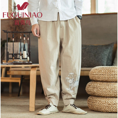 富贵鸟中国风休闲裤男士裤子春夏季复古棉麻刺绣大码宽松阔腿哈伦裤男2021小脚裤唐装