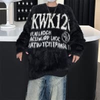 春秋季新款圆领毛衣男美式潮牌宽松百搭字母提花情侣慵懒风针织衫