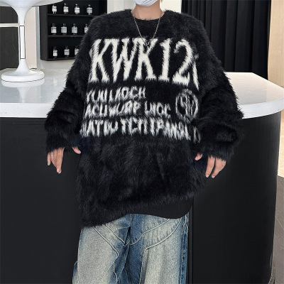 春秋季新款圆领毛衣男美式潮牌宽松百搭字母提花情侣慵懒风针织衫