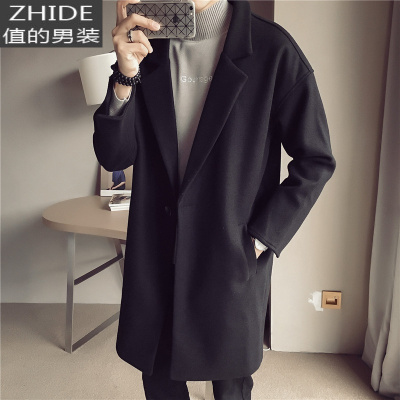 SUNTEK秋冬毛呢大衣男中长款过膝英伦风衣西装领呢子外套男韩版潮流加厚风衣