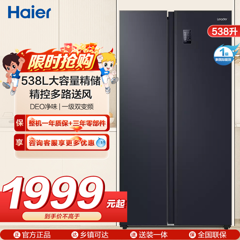 统帅(leader)海尔出品 538升对开门冰箱 DEO净味 一级双变频 超薄嵌入冰箱 BCD-538WGLSSEDBX