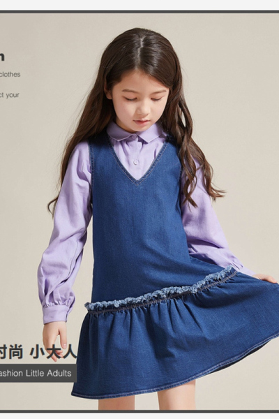 [1件5折价:127.5]米喜迪mecity童装春新款女童连衣裙V领简约牛仔背心裙