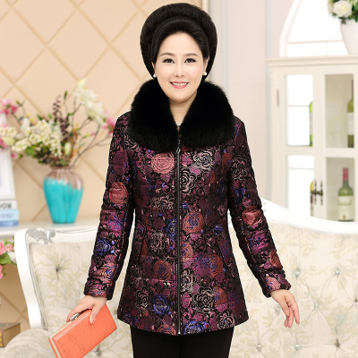 真皮皮衣羽绒服女中长款印花羊皮羽绒服大码狐狸领外套紫色印花CYDDWQE