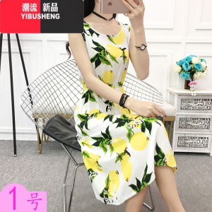 YIBUSHENG棉绸连衣裙新款印花中长款圆领修身收腰睡裙无袖宽松季碎花背心