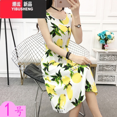 YIBUSHENG棉绸连衣裙新款印花中长款圆领修身收腰睡裙无袖宽松季碎花背心