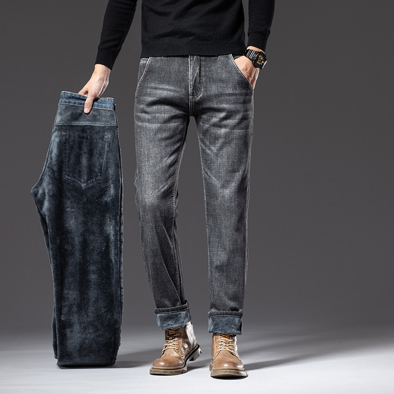 秋冬款高端牛仔裤男宽松直筒弹力百搭保暖加绒大码新款休闲爸爸裤