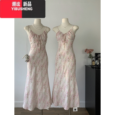YIBUSHENG妮妮[春日小花]碎花吊带连衣裙女早春新款花边拼接法式长裙