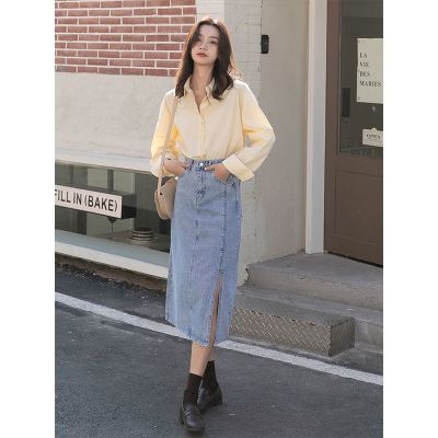 复古高腰牛仔半身裙女2021春秋季宽松开叉a字中长款裙子腊爸腊妈