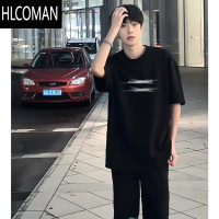 HLCOMAN美式高街个性字母短袖T恤男夏季2025休闲潮牌宽松小领口上衣