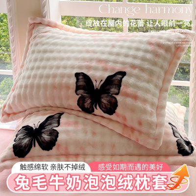 兔毛牛奶泡泡绒枕套48x74一对装A类成人加厚秋冬季保暖枕芯内胆套