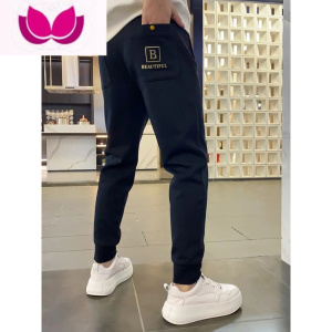 七斓2023春季新款男士休闲裤潮流百搭字母绣花束脚裤修身显瘦时尚卫裤