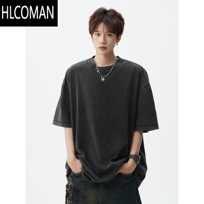 HLCOMAN300g做旧短袖男夏美式oversize宽松T恤vibe高街百搭休闲上衣