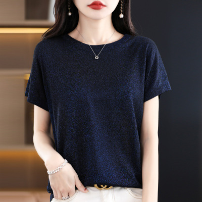 夏薄新款亮丝针织短袖T恤衫女宽松短款上衣体恤洋气百搭简约短袖
