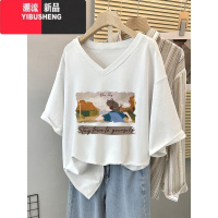 YIBUSHENG欧货胖mm季短袖t恤女2024新款大码显瘦设计感宽松V领上衣服