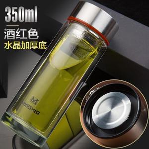 家柏饰(CORATED)玻璃杯 双层便携水杯带盖过滤办公杯男女杯子耐热车载茶杯 红色350ml(不锈钢内盖)